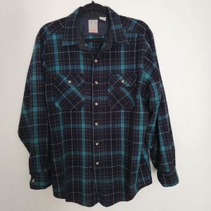 Outdoor Exchange Mens Plaid Turqoise & Black Button Front Shirt Size Large